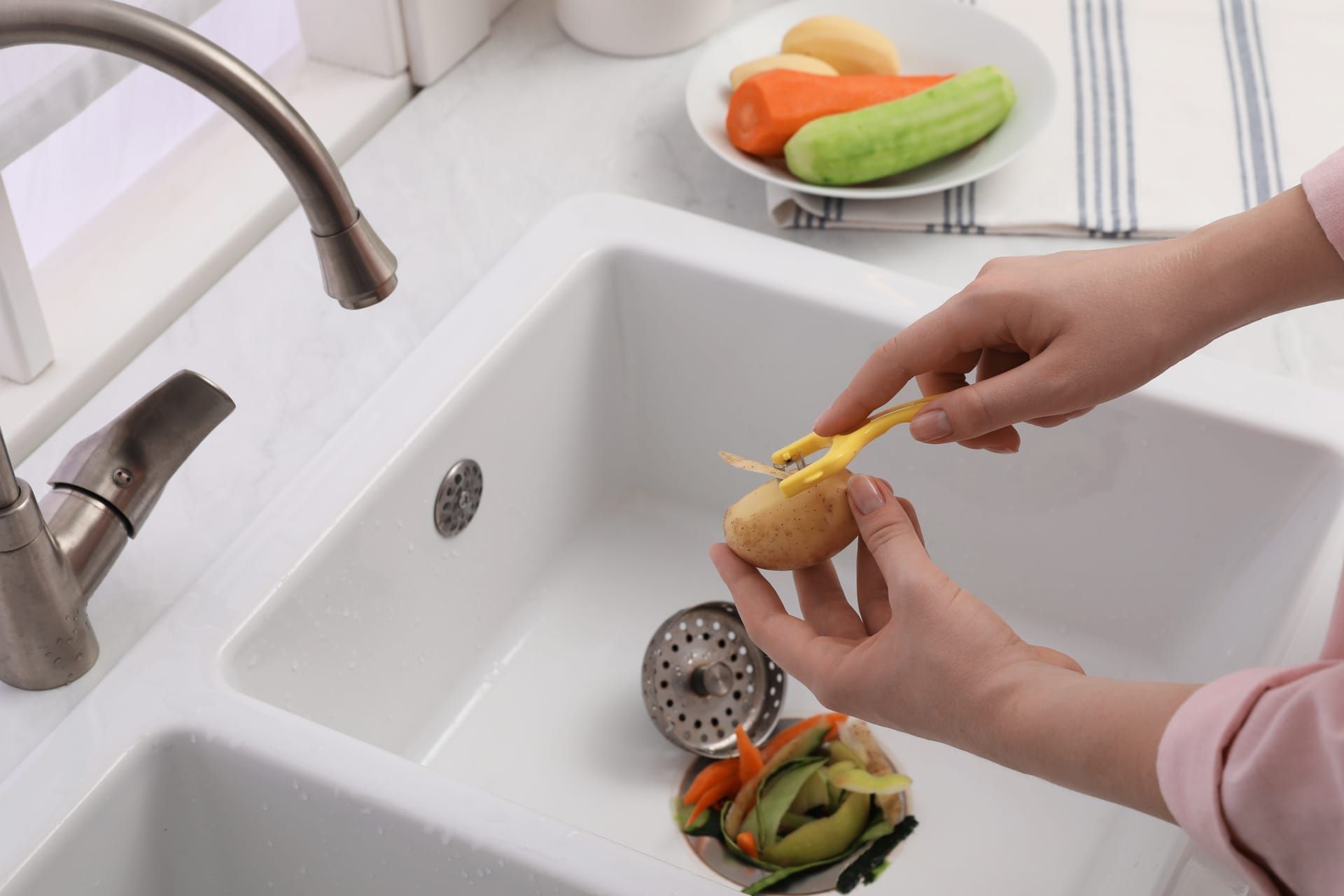 Food waste going into a kitchen sink garbage disposal